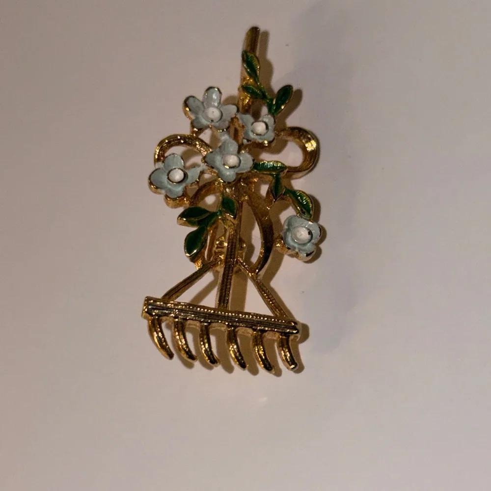 Gerry's Brooch Set Sz OS Gold Tone Enamel Garden Rake Shovel Floral Pins Vintage